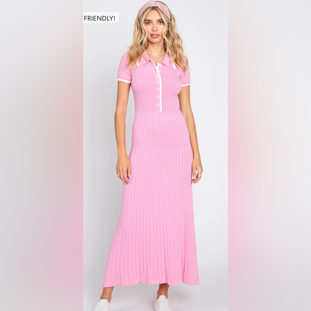 Pink Ribbed Polo Maxi Dress - Friendly!